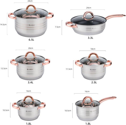 Batería de Cocina Ollas 12 Piezas en Acero Inoxidable con Tapas Apta para Todo Tipo de Cocinas Incluyendo Inducción Rosa