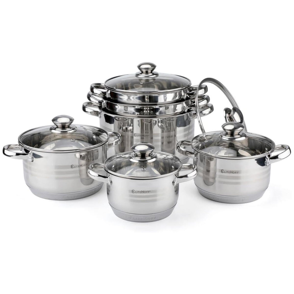 Batería de Cocina Ollas 12 Piezas en Acero Inoxidable con Tapas Apta para Todo Tipo de Cocinas