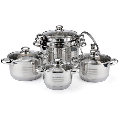 Batería de Cocina Ollas 12 Piezas en Acero Inoxidable con Tapas Apta para Todo Tipo de Cocinas