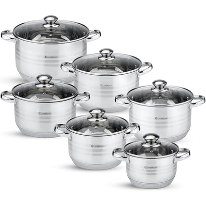 Batería de Cocina Ollas 12 Piezas en Acero Inoxidable con Tapas Apta para Todo Tipo de Cocinas