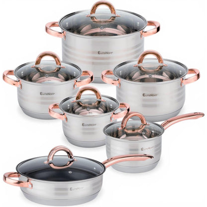 Batería de Cocina Ollas 12 Piezas en Acero Inoxidable con Tapas Apta para Todo Tipo de Cocinas Incluyendo Inducción Rosa