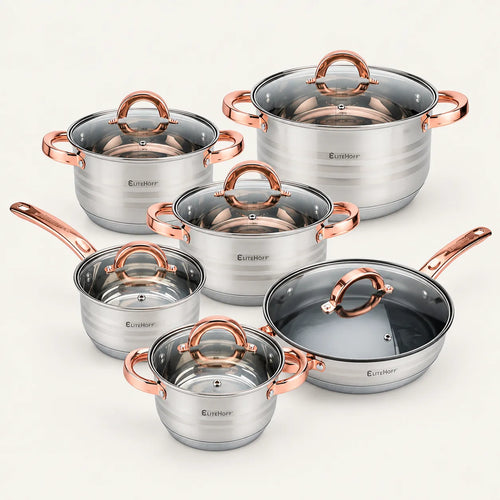 Batería de Cocina Ollas 12 Piezas en Acero Inoxidable con Tapas Apta para Todo Tipo de Cocinas Incluyendo Inducción Rosa