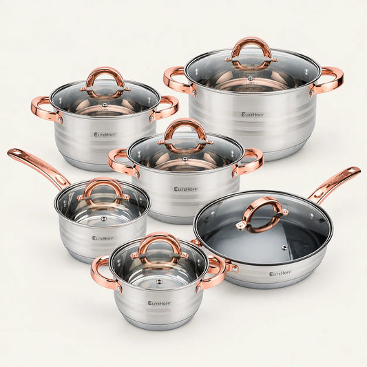 Batería de Cocina Ollas 12 Piezas en Acero Inoxidable con Tapas Apta para Todo Tipo de Cocinas Incluyendo Inducción Rosa