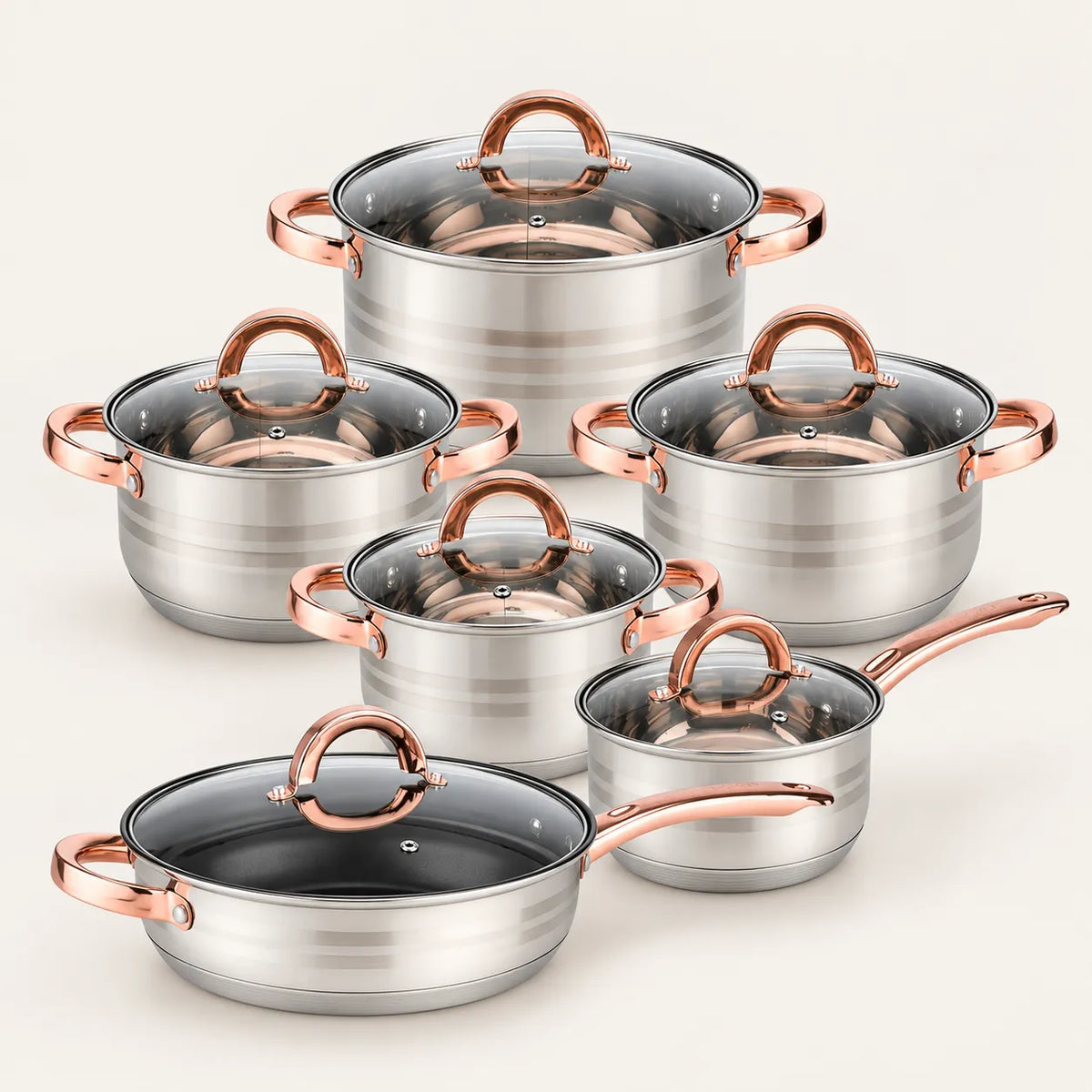 Batería de Cocina Ollas 12 Piezas en Acero Inoxidable con Tapas Apta para Todo Tipo de Cocinas Incluyendo Inducción Rosa