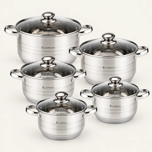 Batería de Cocina Ollas 12 Piezas en Acero Inoxidable con Tapas Apta para Todo Tipo de Cocinas