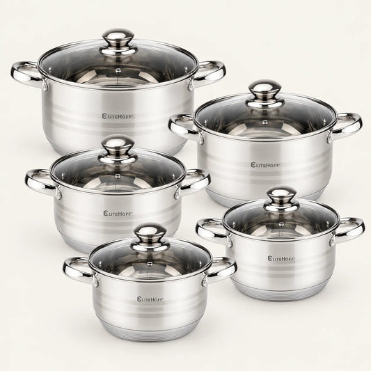 Batería de Cocina Ollas 12 Piezas en Acero Inoxidable con Tapas Apta para Todo Tipo de Cocinas