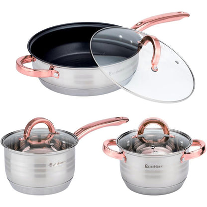 Batería de Cocina Ollas 12 Piezas en Acero Inoxidable con Tapas Apta para Todo Tipo de Cocinas Incluyendo Inducción Rosa